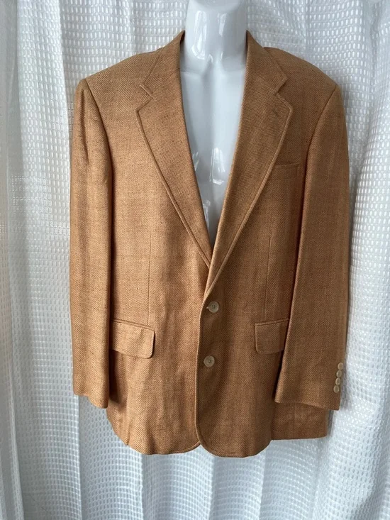 Vintage 80s Lands’ End 100% Wool Blazer 42R Tan Herringbone USA Tailored - Picture 2 of 11